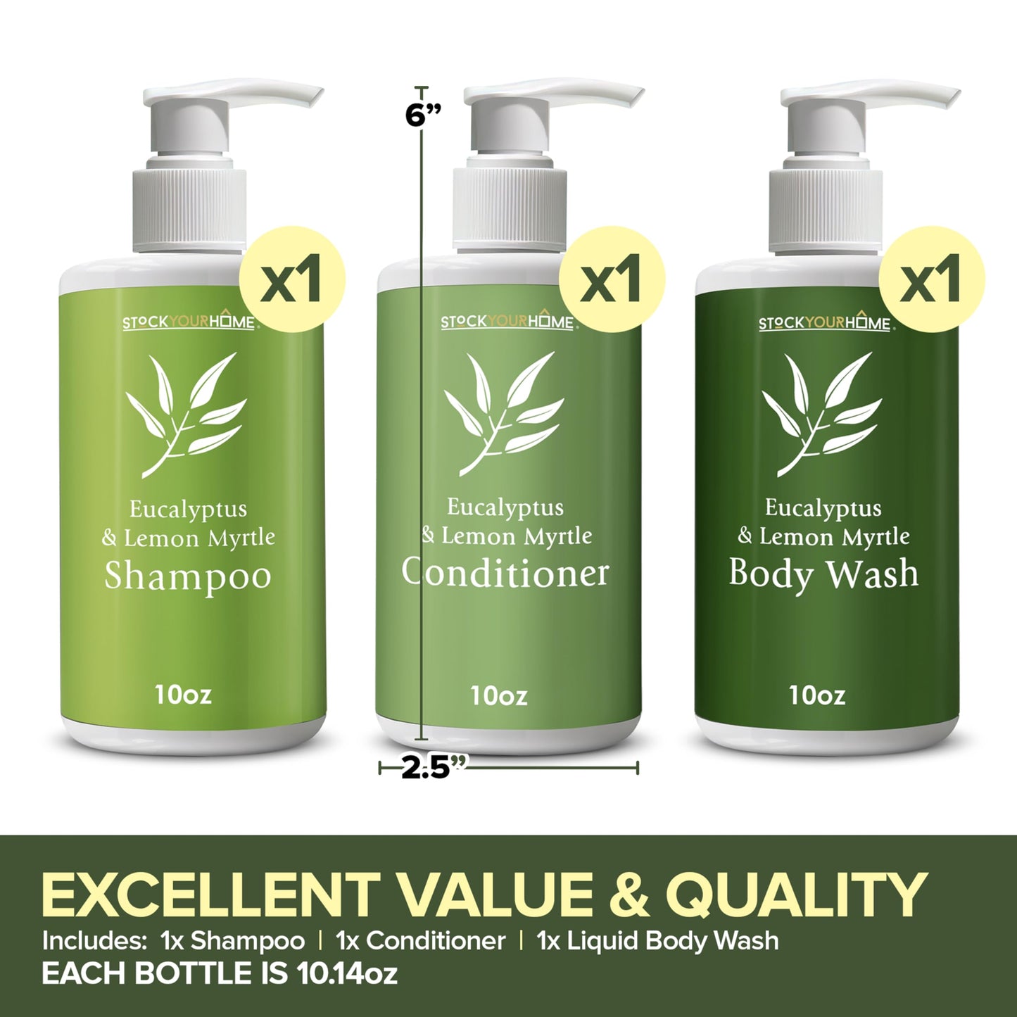 Shower Essentials Set for Men and Women, 3 Piece Shampoo Conditioner and Body Wash Set, 10 oz Bottles, Guest Bathroom Toiletries for Hotels