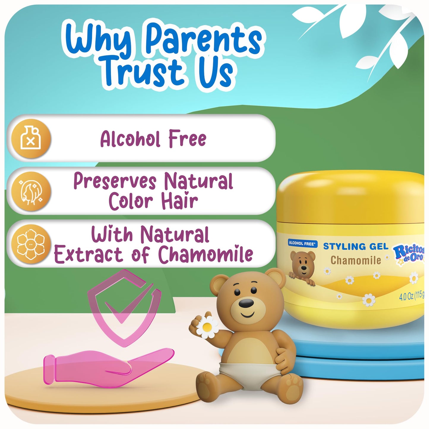Ricitos de Oro Chamomile Hair Gel -Preserves Natural Color, Non-Greasy, Alcohol Free, Hypoallergenic, Tear-Free, Gentle Daily Use - Baby, Kids Hair