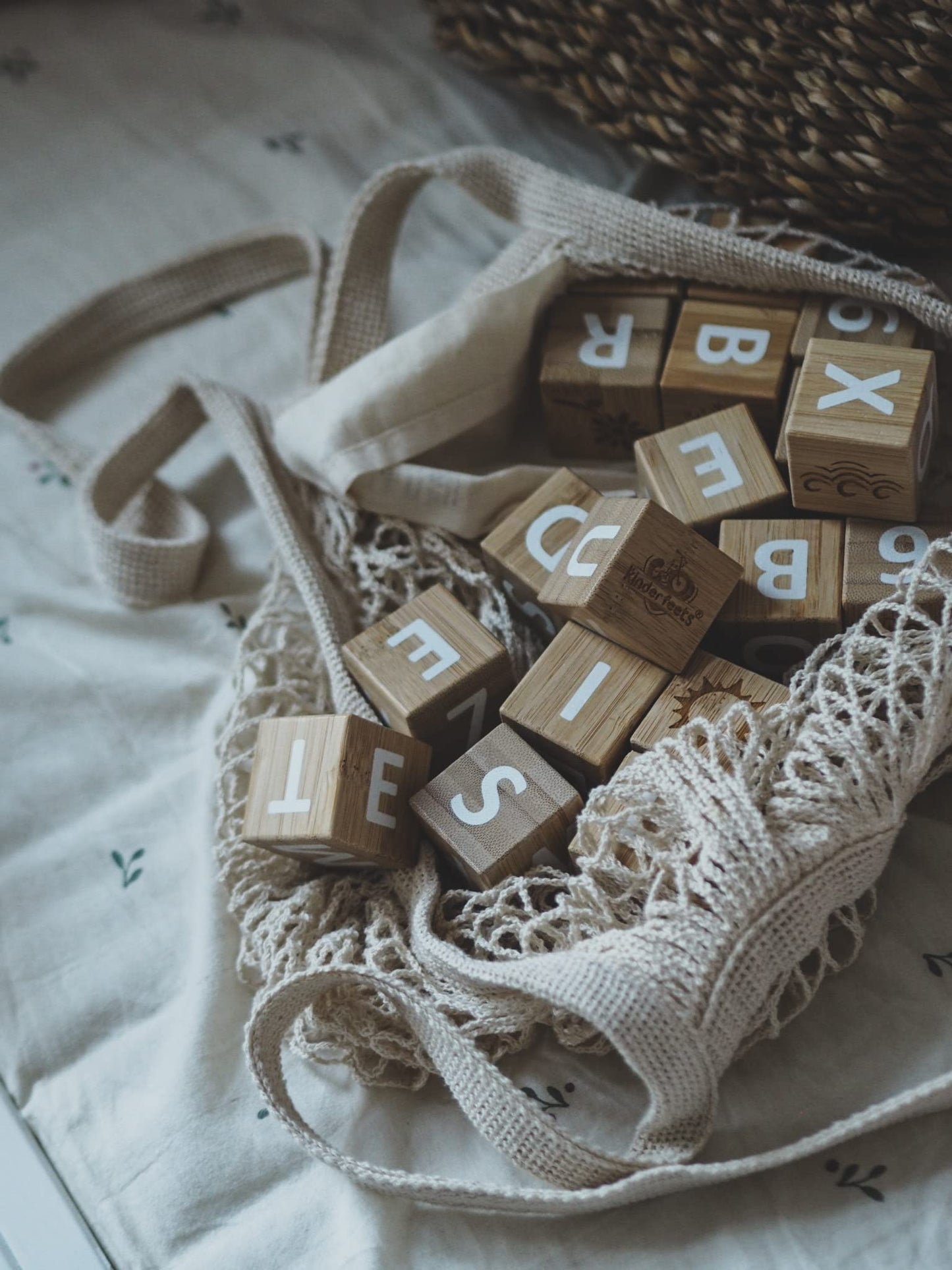 Kinderfeets Bamboo ABC Blocks 18pc – Educational Build & Stack Toy with Letters, Numbers & Symbols for Toddlers 12mo+