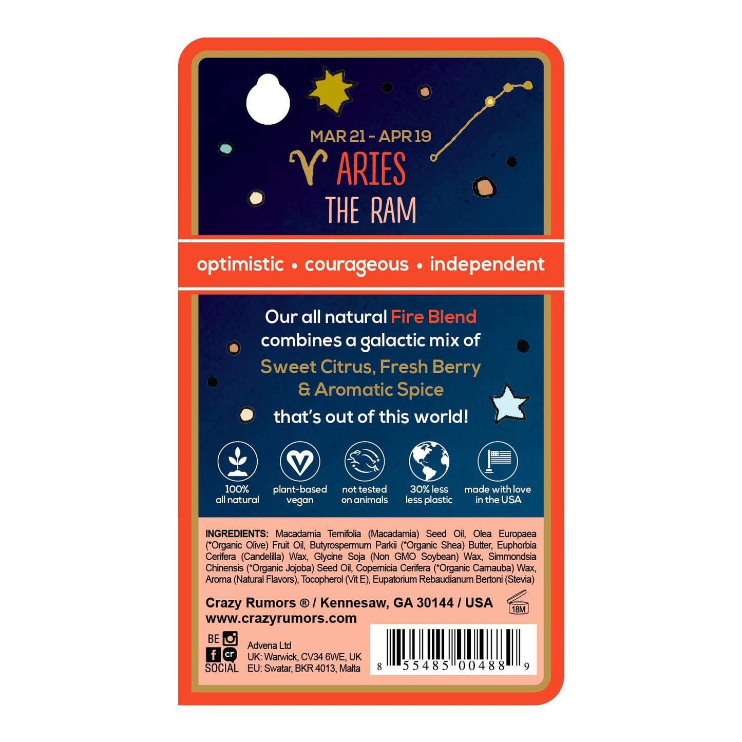 Crazy Rumors Aries Zodiac All Natural, Plant Based Lip Balm to Moisturize and Nourish your Lips - Fire Blend (Sweet Orange, Fresh Berry, Aromatic