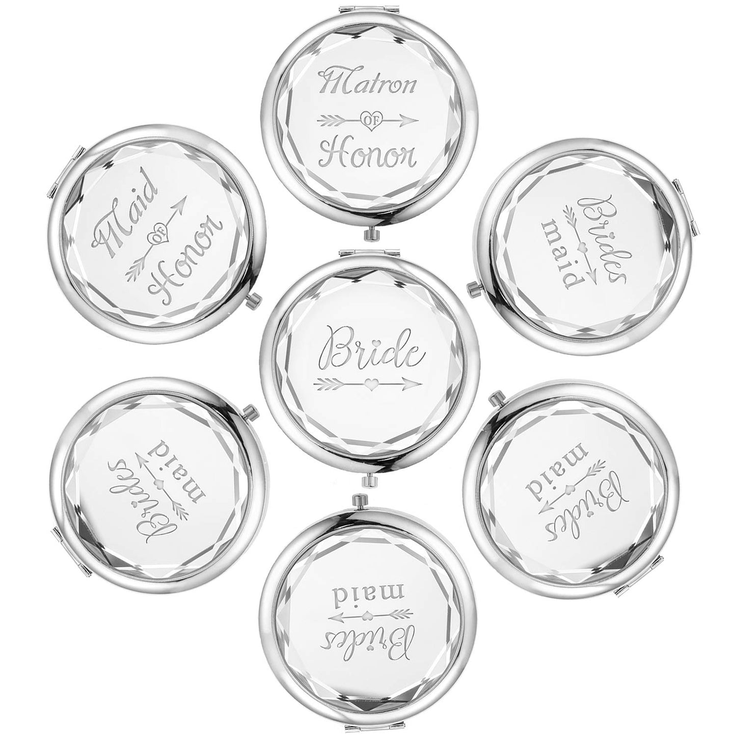 Silver Wedding Bridesmaid Proposal Set - 7 Compact Pocket Mirrors: Bride, Maid of Honor, Matron of Honor, 4 Bridesmaid Mirrors