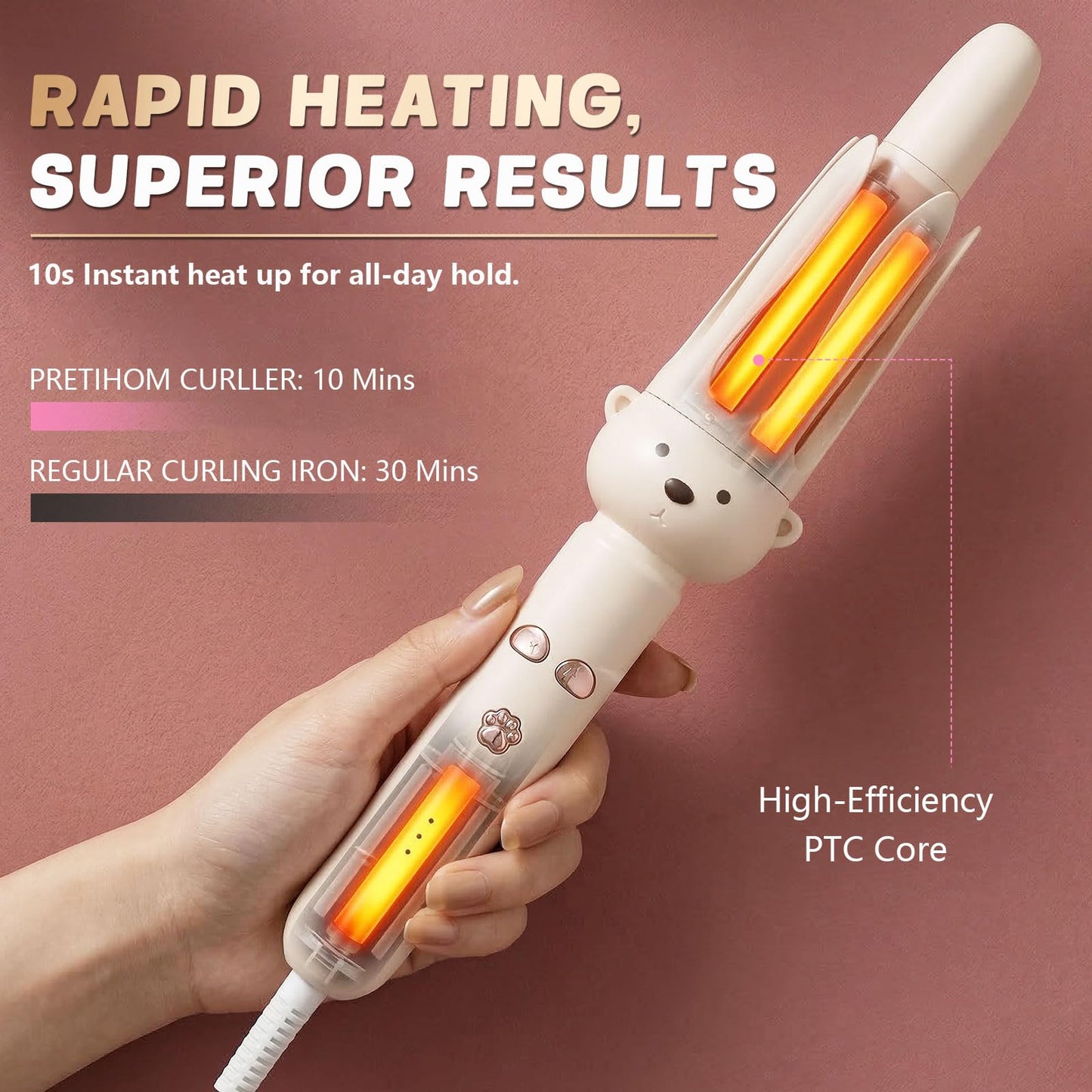 PretiHom Automatic Rotating Curling Iron - 1.1 Inch (28mm) Curling Wand for Beach Waves, Anti-Scald, Anti-Tangle, Ceramic Coating, Dual Voltage, Hair Beauty and Personal Care O-CONN