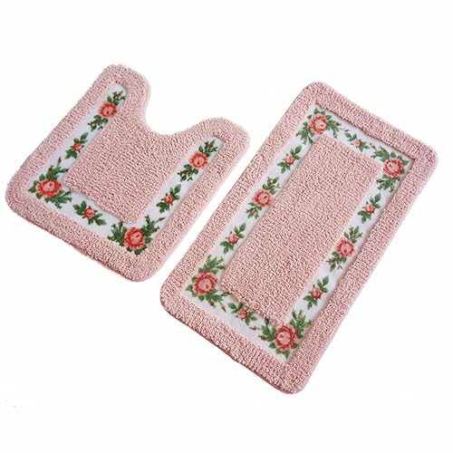 UKELER Non-Skid Floral Rose Bathroom Contour Rugs, Set of 2 Soft Shaggy Non Slip Bath Shower Mat and U-Shaped Toilet Floor Rugs, Pink