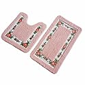 UKELER Non-Skid Floral Rose Bathroom Contour Rugs, Set of 2 Soft Shaggy Non Slip Bath Shower Mat and U-Shaped Toilet Floor Rugs, Pink