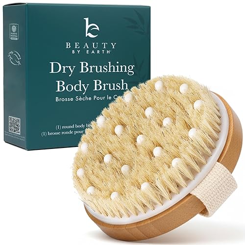 Dry Brushing Body Brush for Lymphatic Drainage & Cellulite - Natural Brustles for Wet and Dry Brushing, Body Exfoliating Brush with Massage Nodes