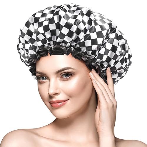 mikimini Large Shower Cap for Women Long Hair, Reusable, Double Layers Waterproof Large Bathing Shower Hat with Soft Comfortable PEVA Lining