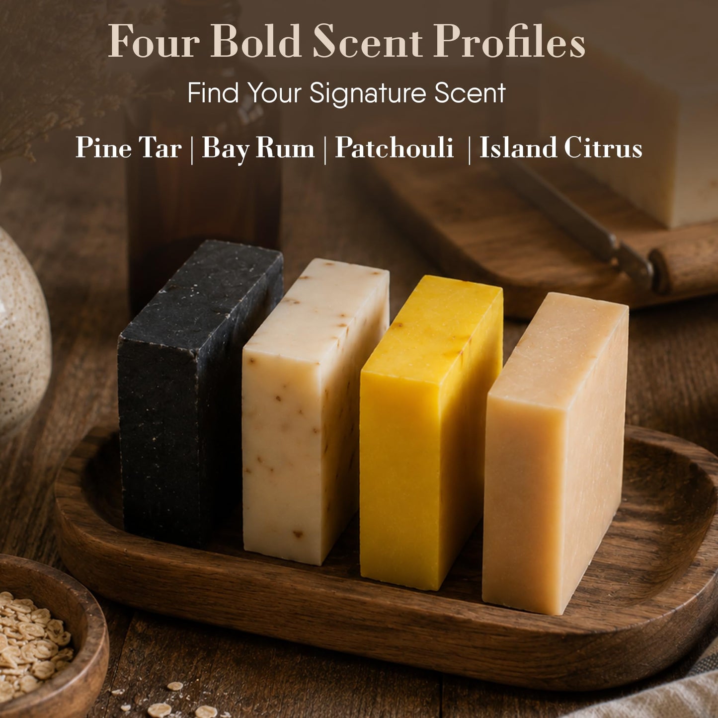 360Feel Mens Bar Soap - Made in the USA - Castile Handmade All Natural Cold Processed - Includes 4 Bold Masculine Scents: Bay Rum, Pine Tar Black Soap