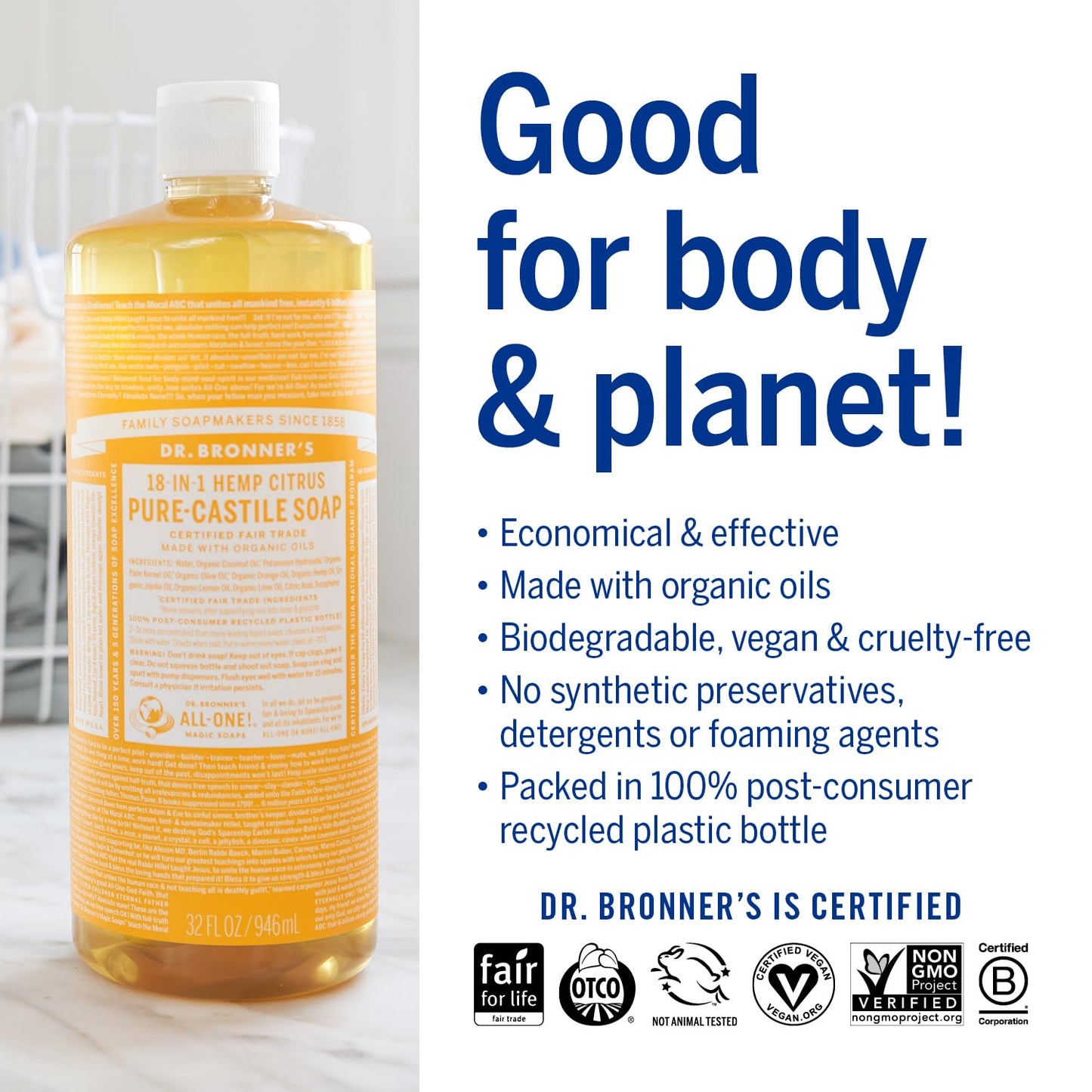 Dr. Bronner's Magic Soap-Pure-Castile Liquid Soap (Citrus, 32oz, 2-Pack)-Regenerative Organic Certified Oils, 18-in-1 Uses: Body, Hair, Laundry, Pets