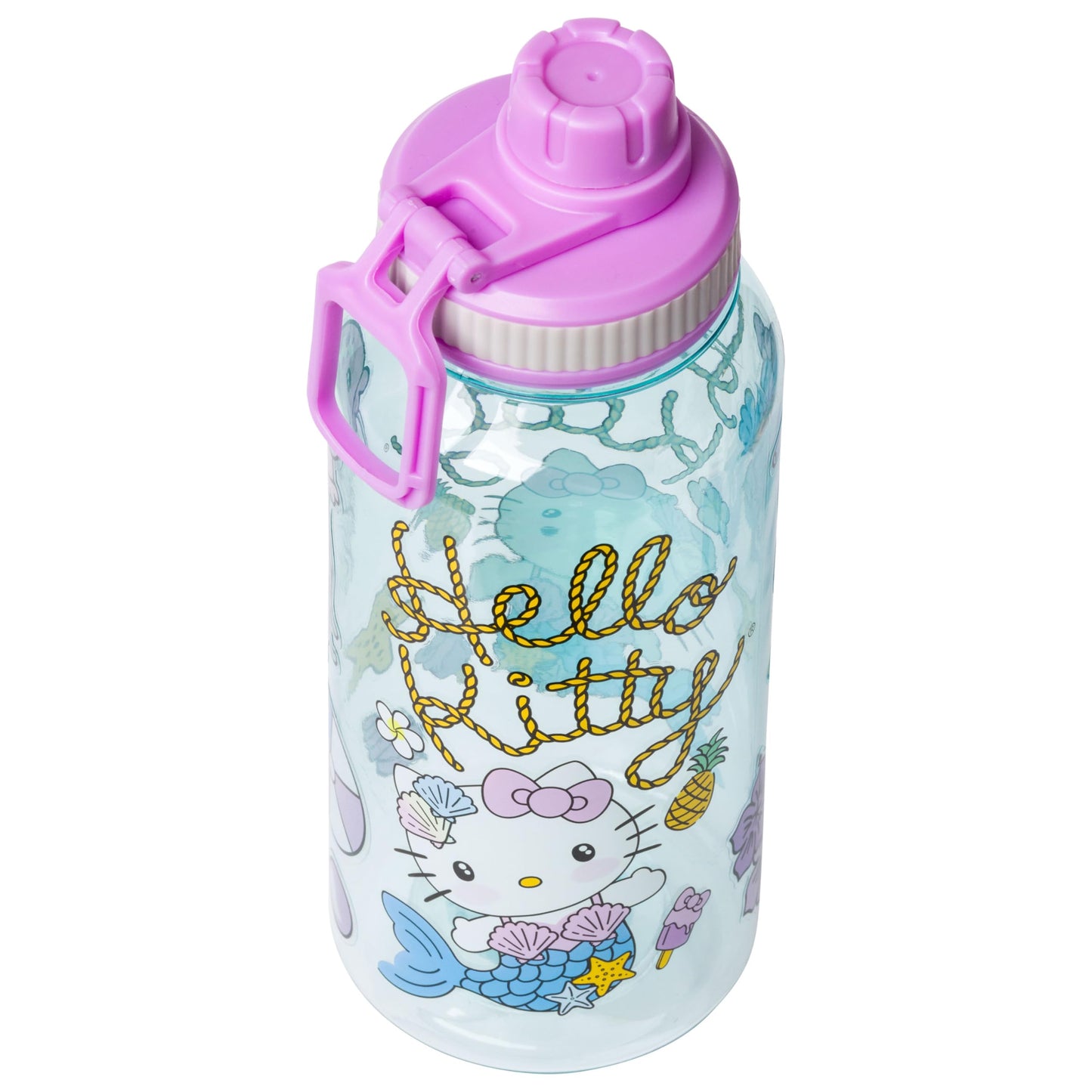 Silver Buffalo Sanrio Hello Kitty Mermaid Twist Spout Plastic Bottle with Sticker Set, 32 Ounces