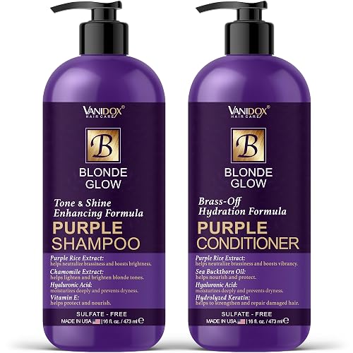 VANIDOX Sulfate Free Brass Toning Purple Shampoo and Conditioner Set for Blondes, Brown Highlighted, or Bleached Hair, Shampoo for Blondes Infused