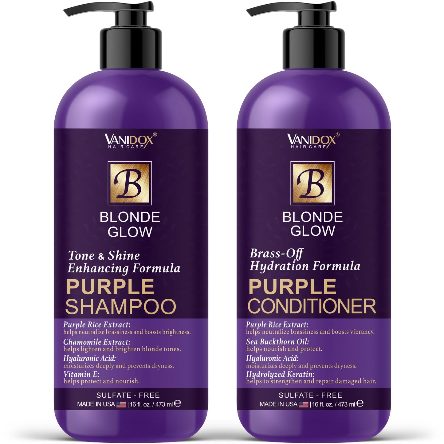 VANIDOX Sulfate Free Brass Toning Purple Shampoo and Conditioner Set for Blondes, Brown Highlighted, or Bleached Hair, Shampoo for Blondes Infused