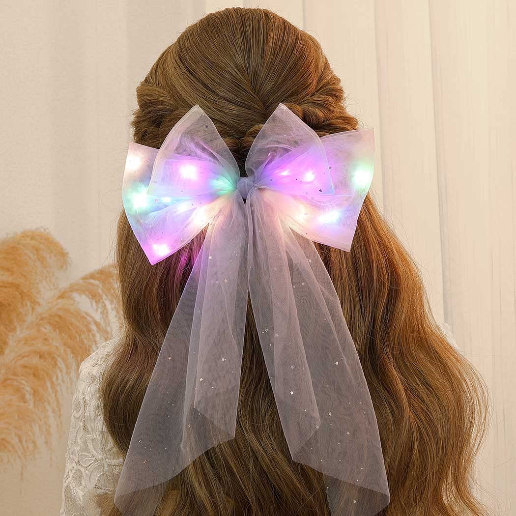 JEAIRTS Light Up Hair Bow Glowing Led Rainbow Tulle Bows for Women