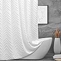 TURKIO White Boho Fabric Shower Curtain 72 x 72 Inches, Modern Shabby Chic Textured Tufted Chevron Striped Minimalist Cloth Bathroom Shower Curtain