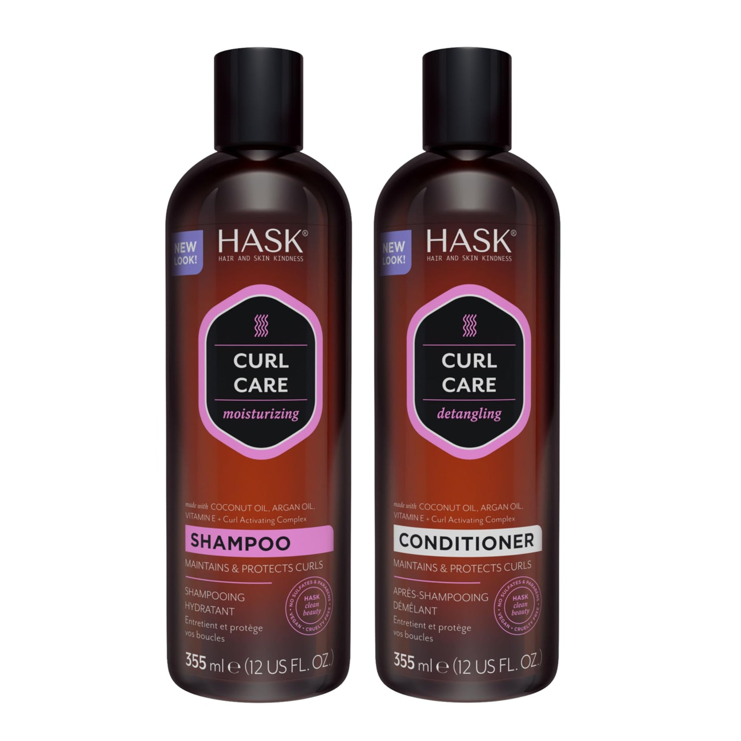 HASK Curl Care Shampoo + Conditioner Set with Coconut and Argan Oil | For Curly Hair, Sulfate-Free, Paraben-Free, Gluten-Free, Vegan, Cruelty-Free