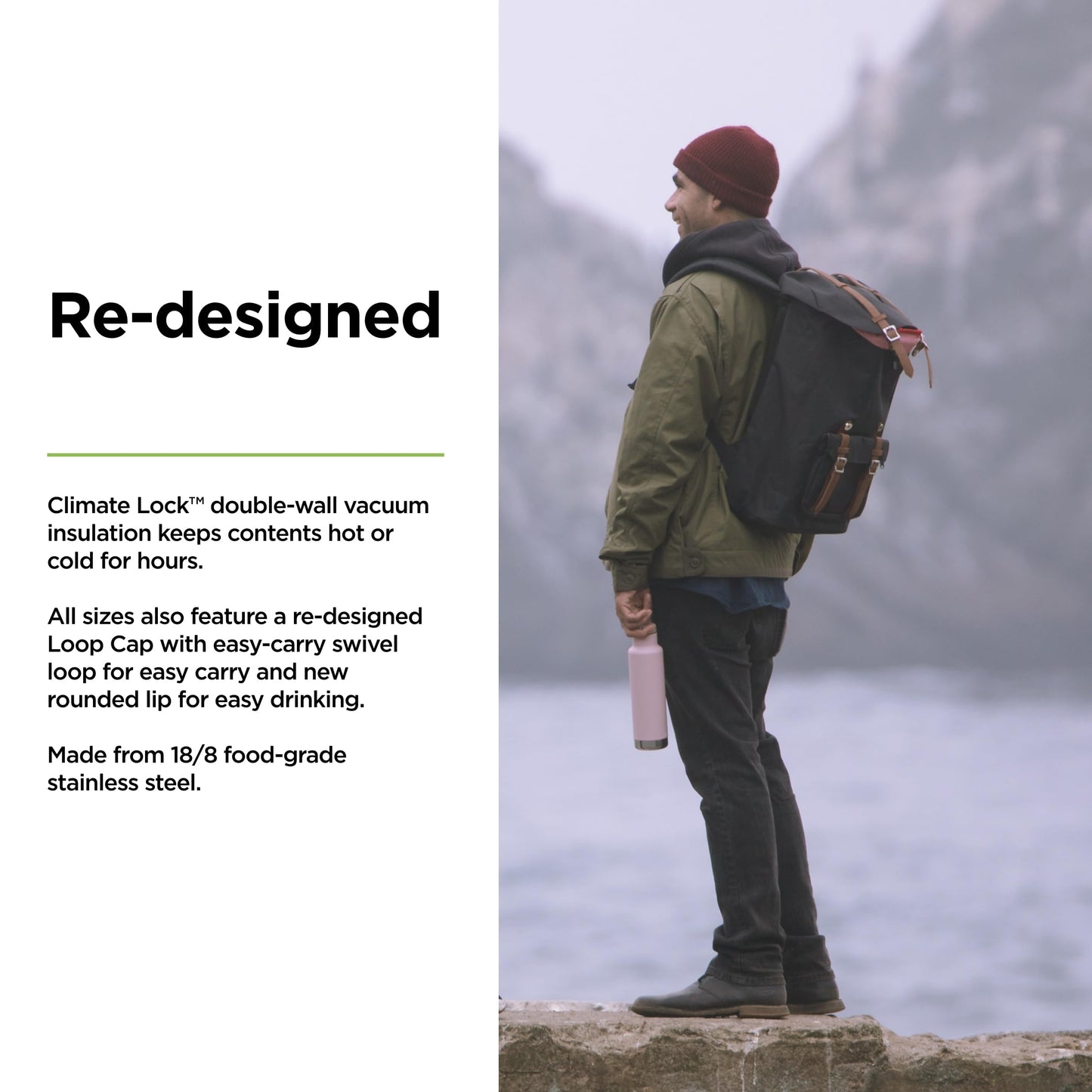 Klean Kanteen Classic Insulated Water Bottle with Loop Cap - Stainless Steel Drinking Bottle for Hot & Cold Beverages - Dishwasher-Safe Travel Bottle