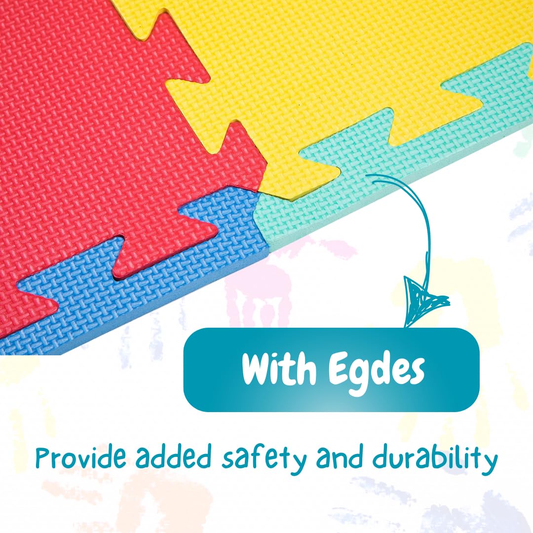 Little Fun Times Alphabet Play Mat – 60 PCS 12" EVA Foam Tiles, 71.5"x71.5" Interlocking Floor Puzzle with Letters, Numbers & Edges