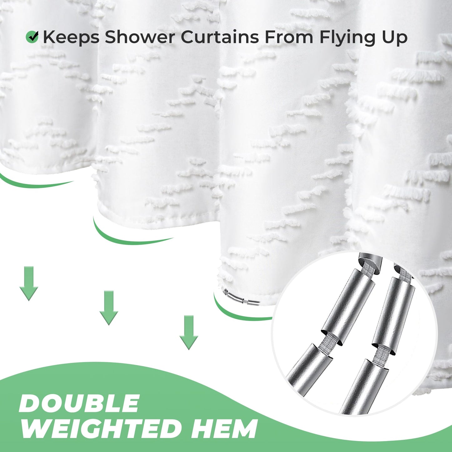 TURKIO White Boho Fabric Shower Curtain 72 x 72 Inches, Modern Shabby Chic Textured Tufted Chevron Striped Minimalist Cloth Bathroom Shower Curtain