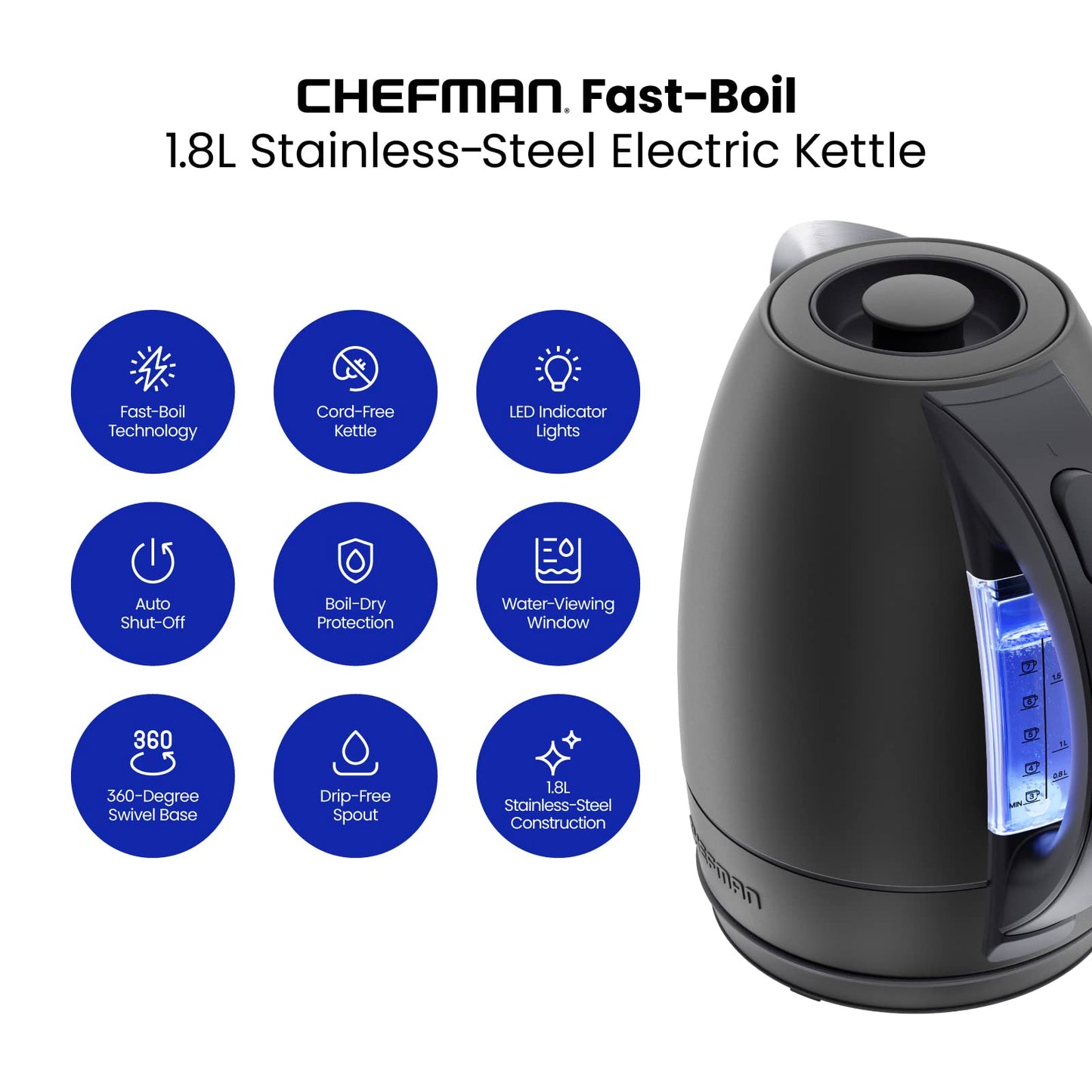 Chefman Electric Kettle, 1.8 Liter Stainless Steel Electric Tea Kettle Water Boiler with Automatic Shutoff, LED Lights, Boil-Dry Protection, Hot…