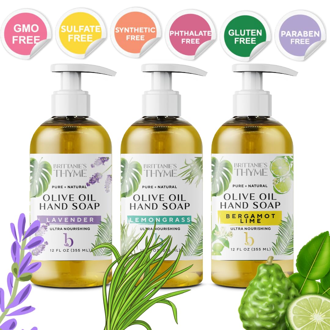 Brittanie’s Pure Castile Liquid Hand Soap Refill, Bergamot | Lavender | Lemongrass, 12 Ounce Pack of 3 | Dish Soap, Hair & Body, Home, Gentle & Pure