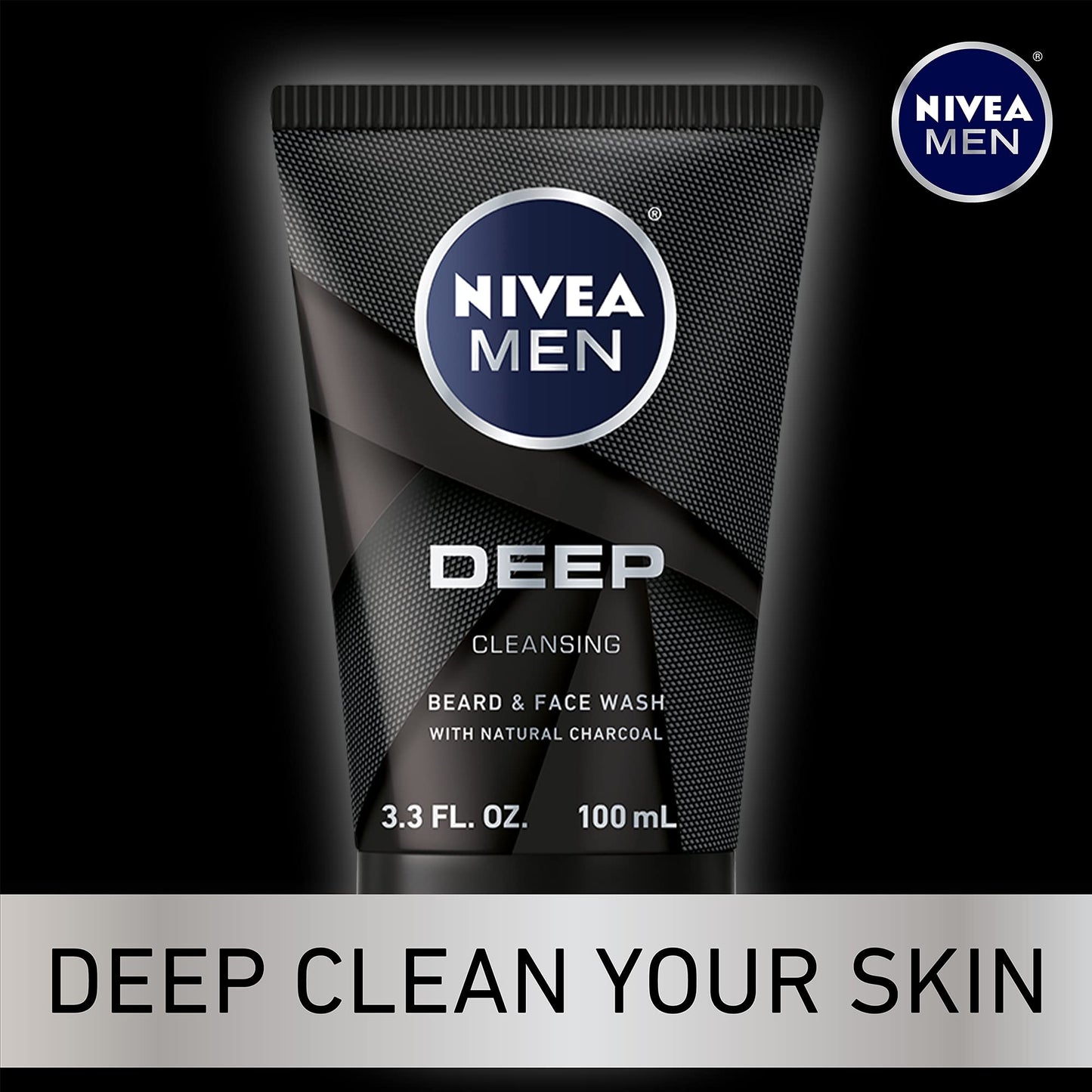 NIVEA MEN DEEP Cleansing Beard and Face Wash, Enriched with Natural Charcoal, 3 Pack of 3.3 Fl Oz Tubes
