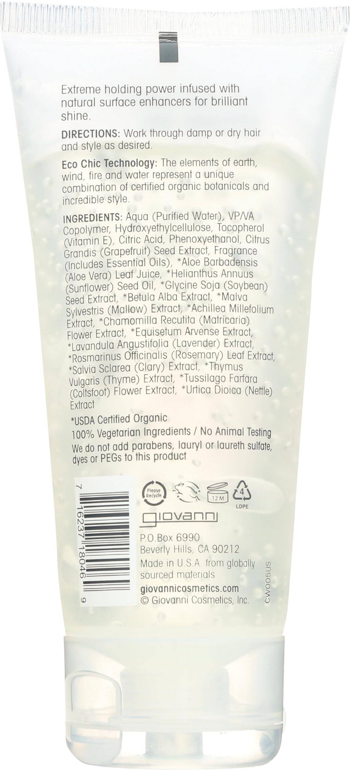 GIOVANNI COSMETICS L.A. Natural Styling Gel - Strong Hold, Eco Chic Technology, Grapefruit seed extract, Aloe Vera leaf juice, Vitamins & Minerals