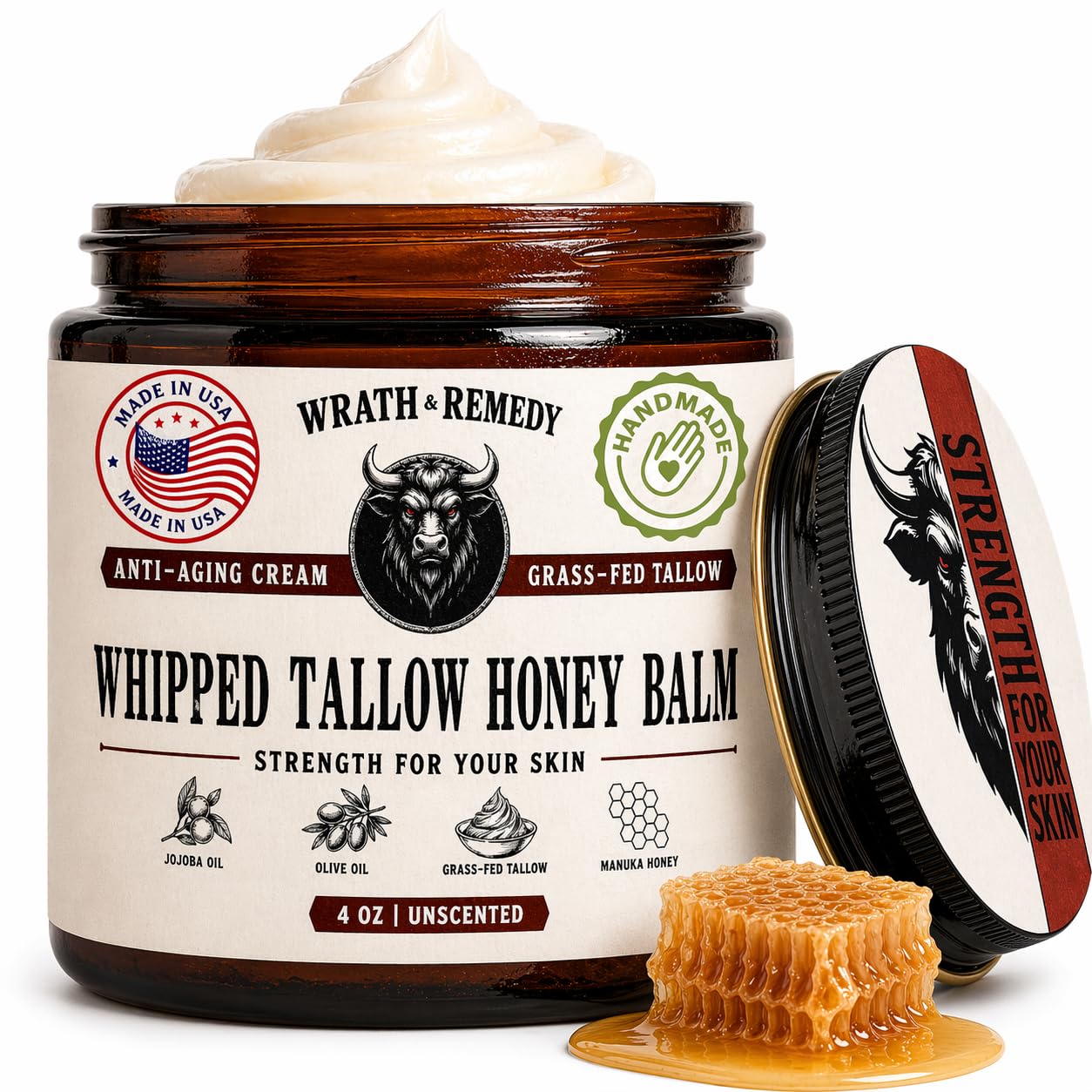 Organic Beef Tallow for Skin - 4 OZ (Unscented) - US-Made Grass Fed Beef Tallow for Face + Body - Whipped Tallow and Honey Balm Moisturizer for Dry Beauty and Personal Care Wrath & Remedy Default Title
