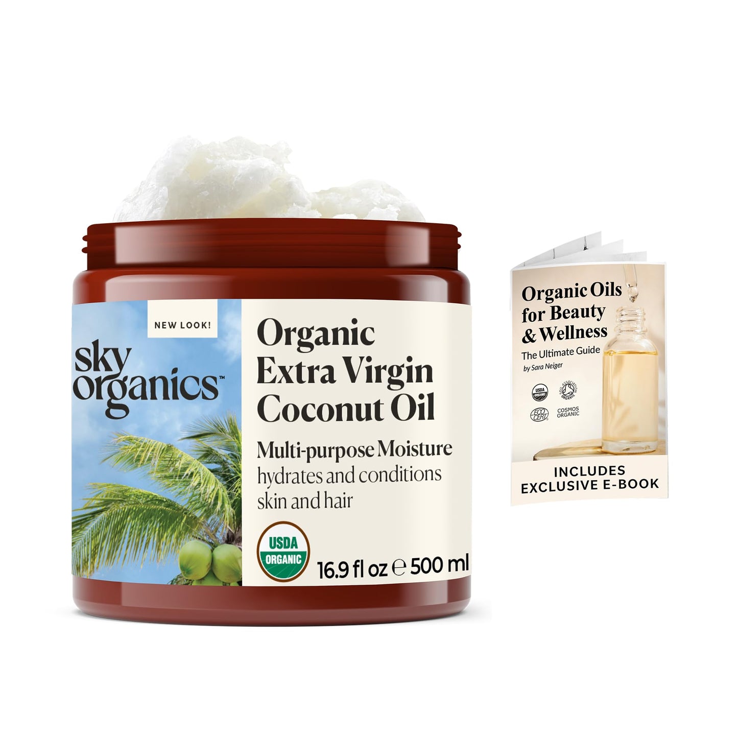 Sky Organics - Multipurpose Organic Coconut Oil for Skin & Hair w Ebook, 16.9 fl oz - Extra Virgin Hair Oil & Body Moisturizer - Vitamins