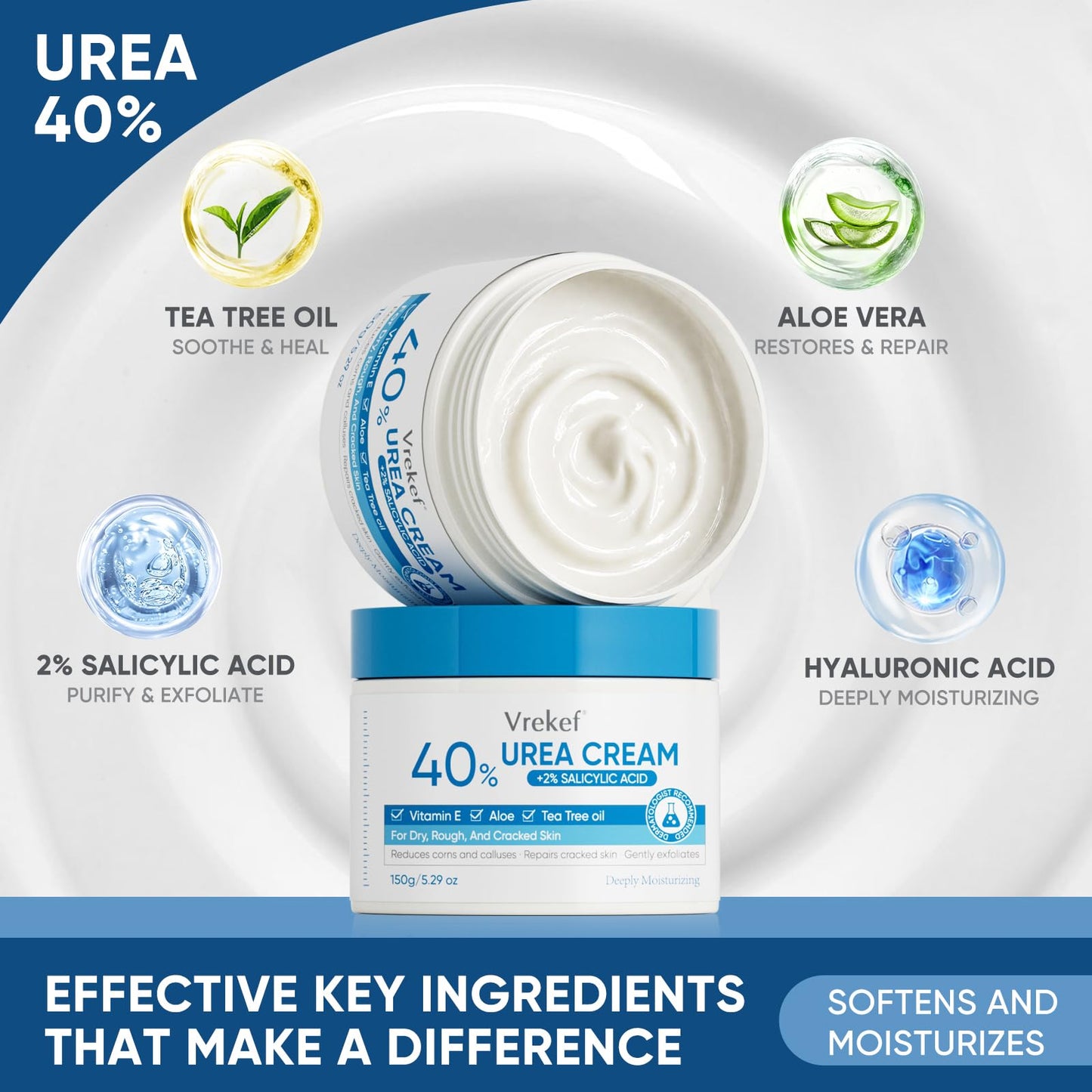VREKEF Urea Cream 40 Percent with 2% Salicylic Acid, Urea Cream 40 Percent for Feet Maximum Strength, Foot & Hand Cream for Dry Cracked Heels, Callus Beauty and Personal Care VREKEF