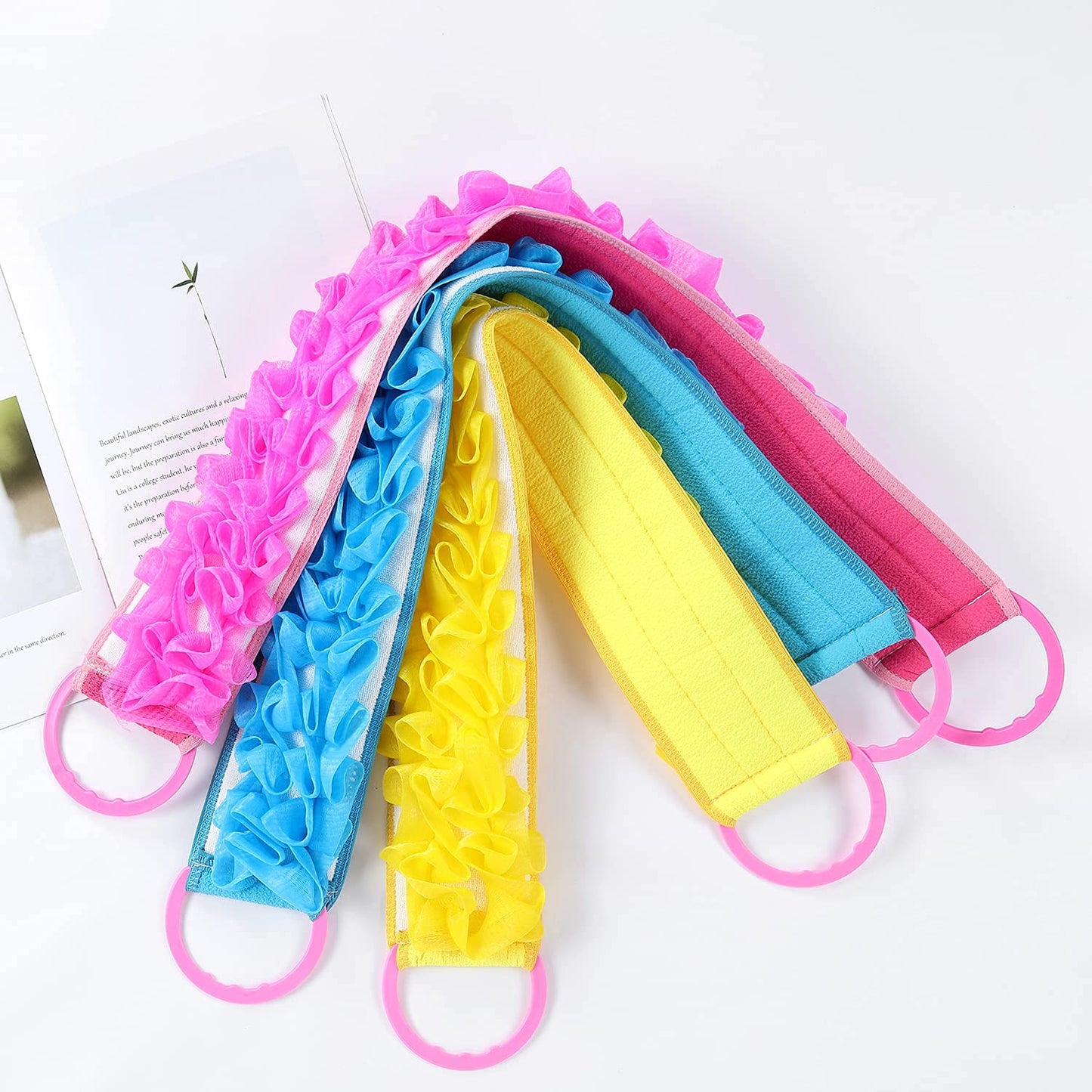 3 PACK Double-Sided Lace Cloth Back Loofah Scrubber Bath Scrub Shower Sponge Long Exfoliating Back Scrubber Scratcher Strap With Handle, Cream Skin