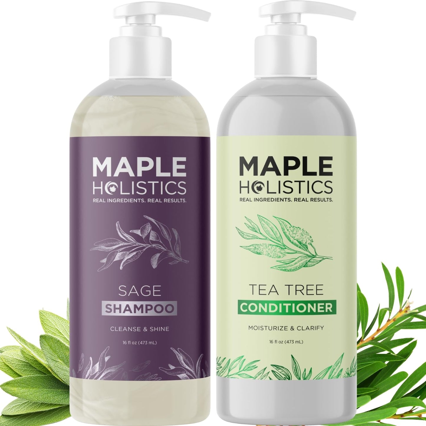 Sulfate Free Shampoo and Conditioner Set - Tea Tree Sage and Rosemary Shampoo and Conditioner for Dry Flaky Scalp Care - Deep Cleansing Color Safe
