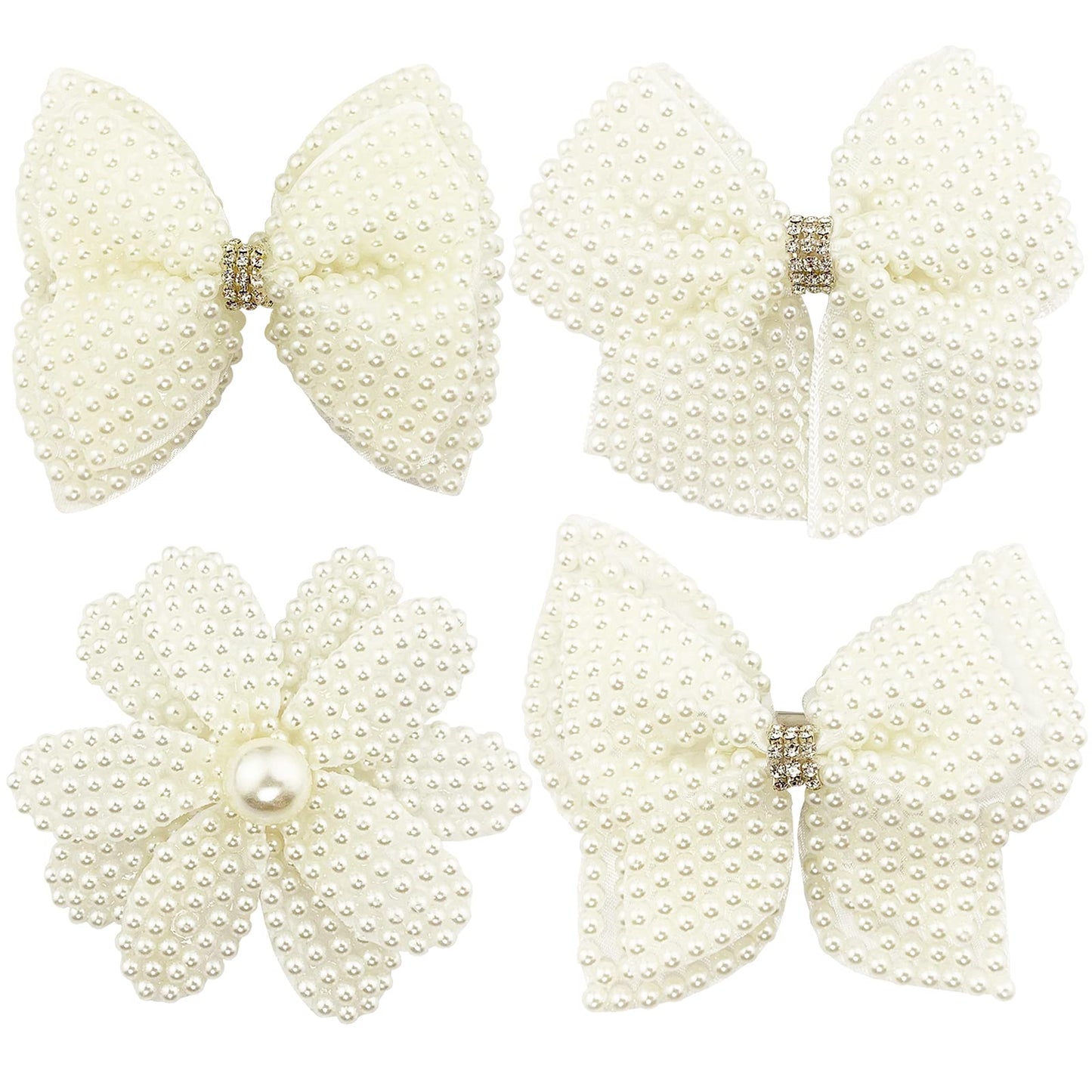 Pearls White Hair Bows for Girls, 4 Pieces Elegant Flower Rhinestone Alligator Hair Clips Beads Hairgrip for Women Teens