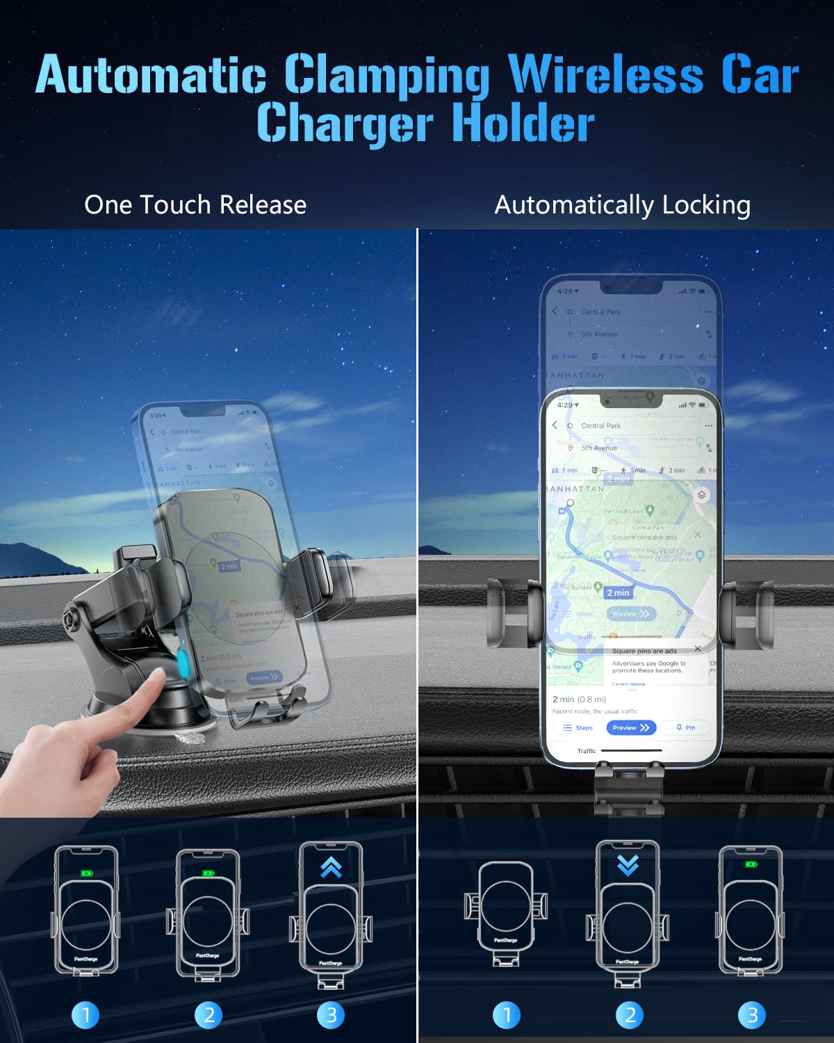Wireless Car Charger, Fast Charging Phone Holder 3 in 1 Phone Mount Auto Clamping Car Accessories Compatible with iPhone 16 15 14 13 12 11 Xs XR…