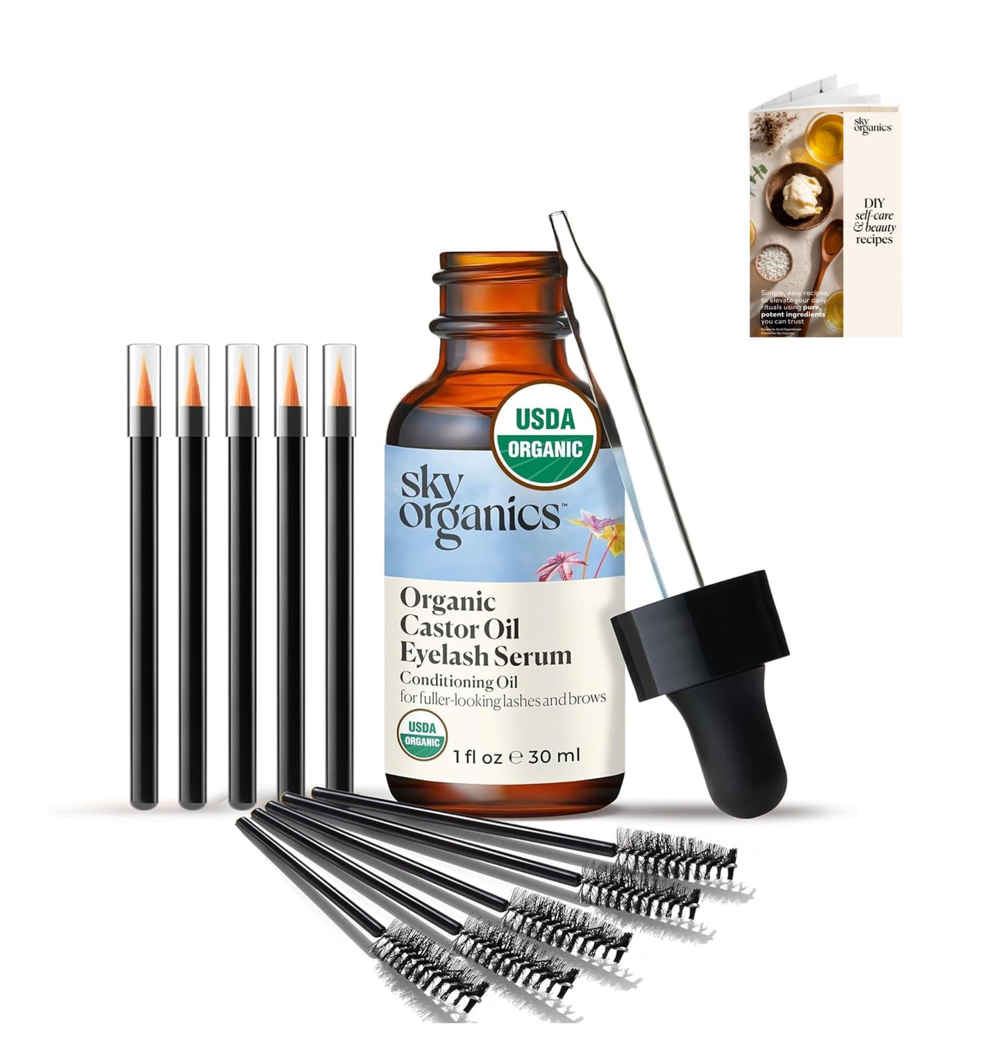 Sky Organics - USDA Organic Castor Oil Eyelash Serum (1 fl oz/30 mL) Brown Glass Bottle for UV Protection - Fuller-Looking Eyebrow & Lash Serum