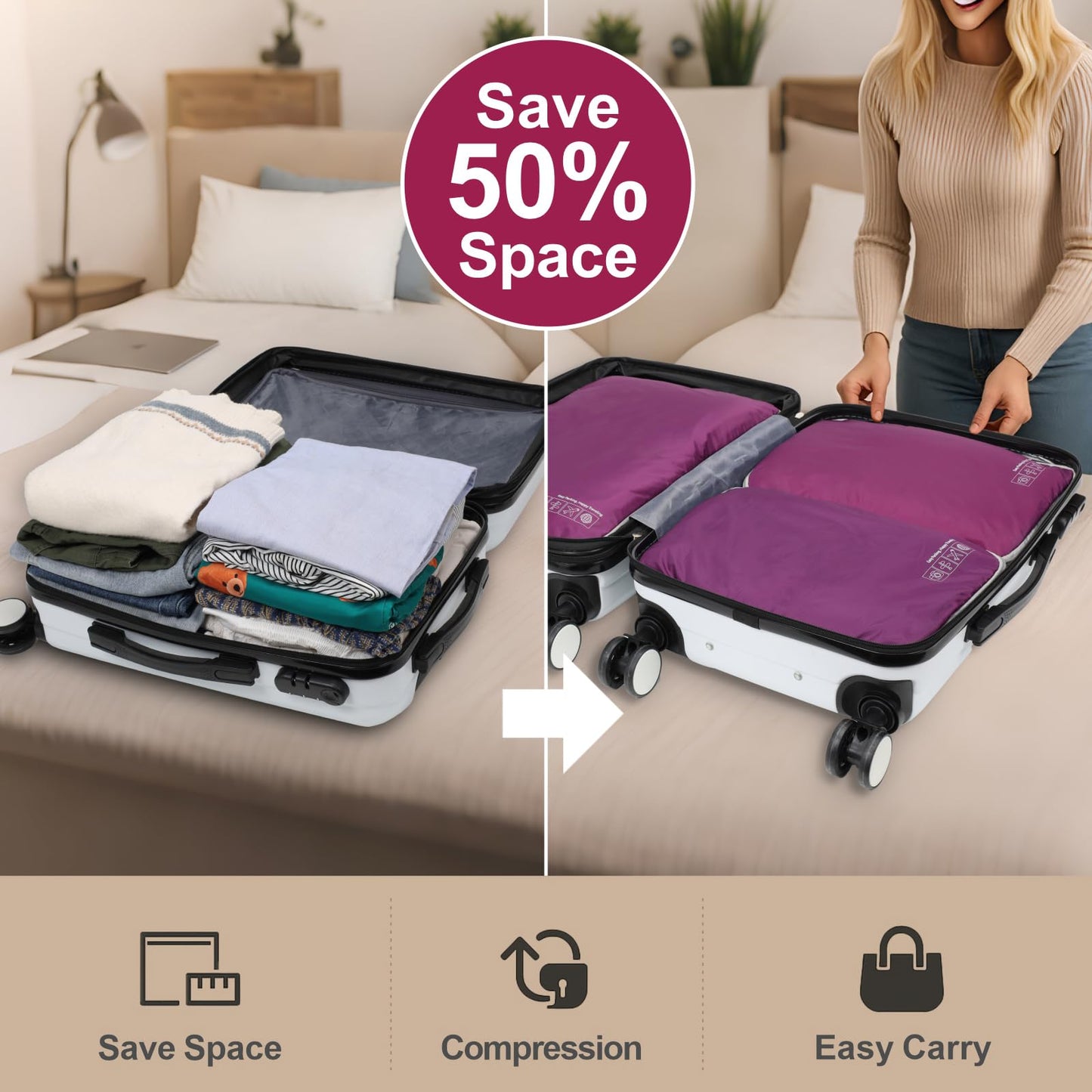 Cambond Compression Packing Cubes 4 Pack – Lightweight Expandable Luggage Organizers Travel Essentials Bags for Carry-On Suitcases, White