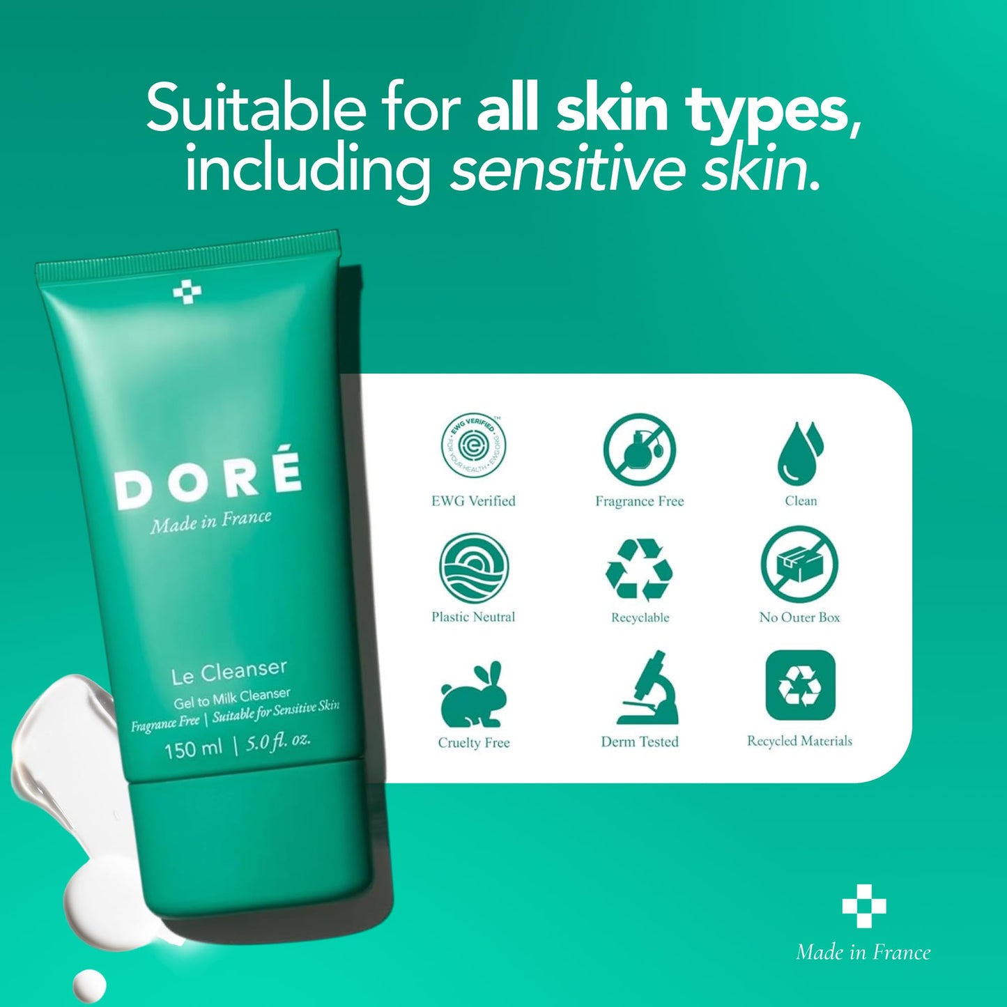 Doré - Le Cleanser Gel to Milk Daily Face Cleanser | Gentle Hydrating Cleaner for Dry & Sensitive Skin | Makeup Remover for Women & Men for Face (5 fl
