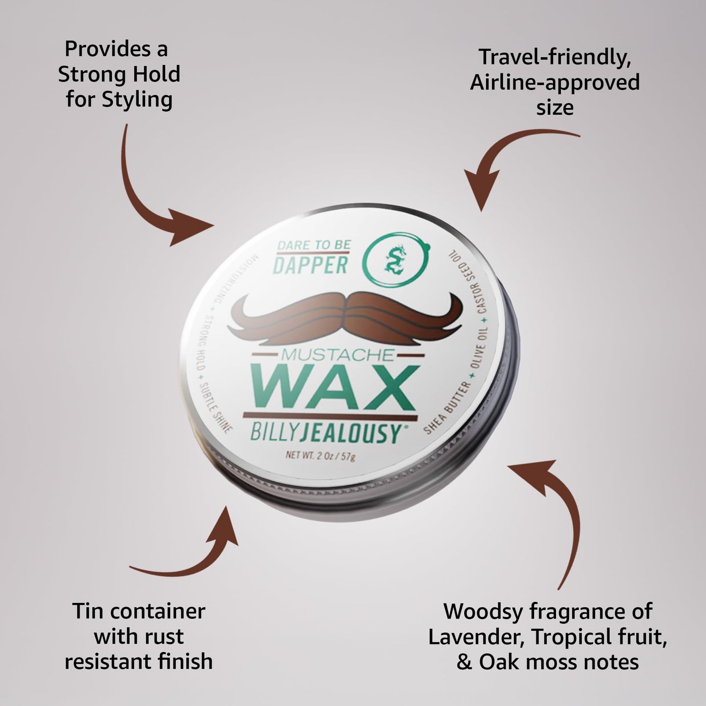 Billy Jealousy Bulletproof Strong Hold Mustache Wax, Conditioning Travel-Friendly Styling Product with Woodsy Lavender, Tropical Fruit, and Oak Moss