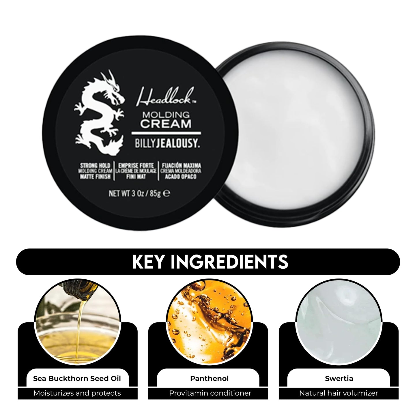 Billy Jealousy Headlock Hair Molding Cream, Hair Styling Cream for Men with Strong All-Day Hold, Natural Matte Finish Styling Agent for All Lengths, 3
