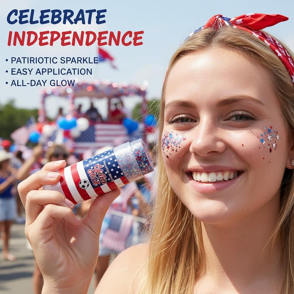 Patriotic Body Glitter Stick, 4th of July Anniversary Accessories, Waterproof Sparkling Face Hair Glitter for Fourth of July Outfit Women Kids, Red