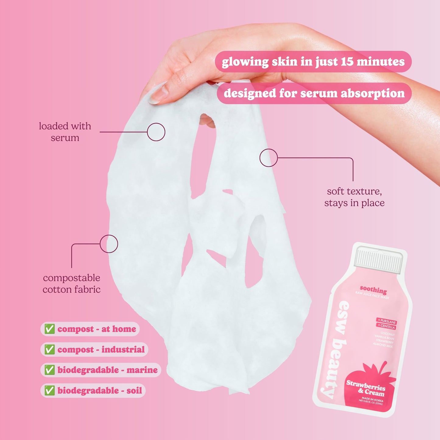 ESW Beauty Strawberries & Cream Soothing Korean Face Mask - Vitamin C, Centella & Vitamin E for Sensitive Skin, Hydration & Barrier Support - Skincare