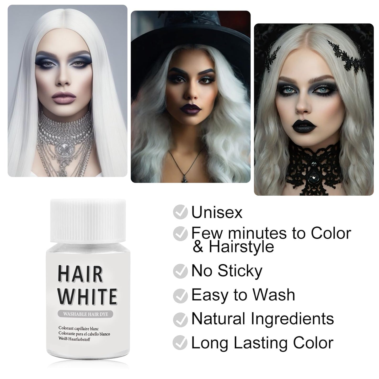 Makeup Hair White, Washable White Hair Dye for Cosplay, Halloween & Theatre - Non-Staining, Quick-Dry Formula, Idea for Dress Up Party, Santa Claus's