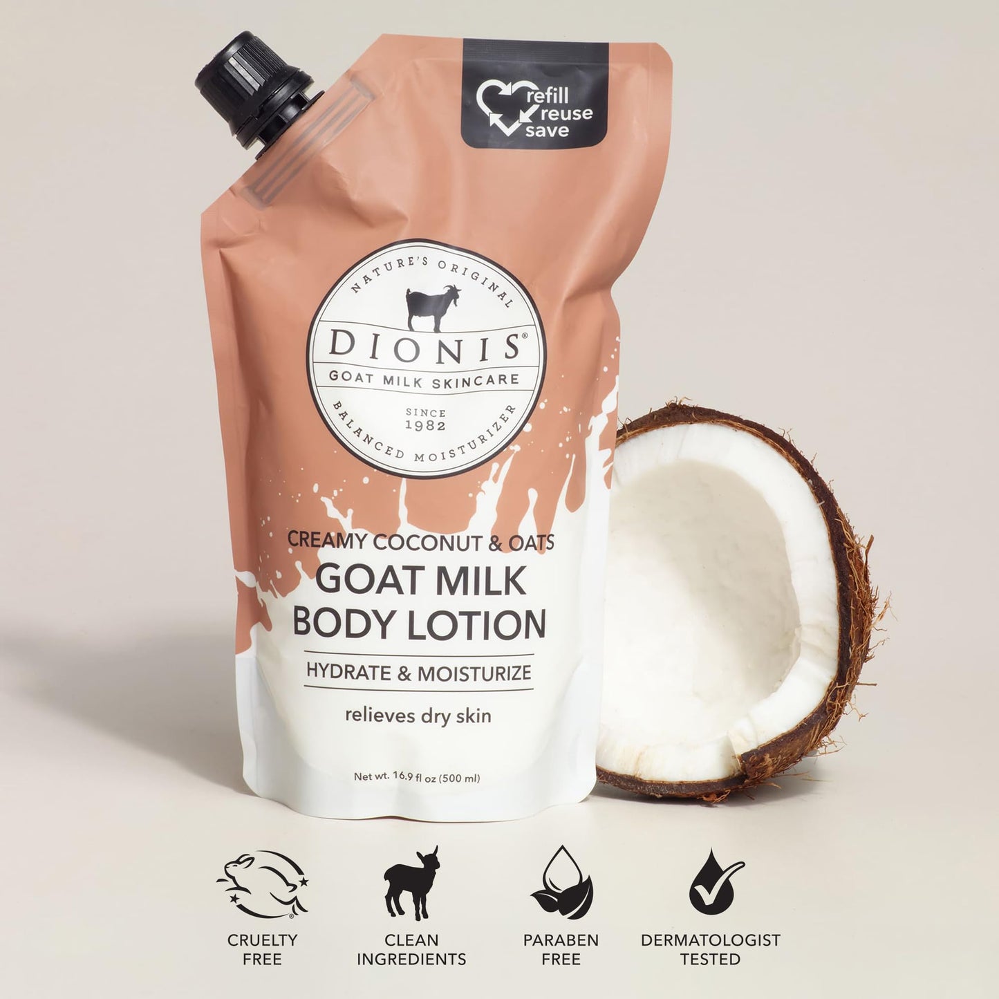 Dionis Creamy Coconut & Oats Goat Milk Body Lotion Refill Pouch, 20 Fl Oz (Pack of 1)