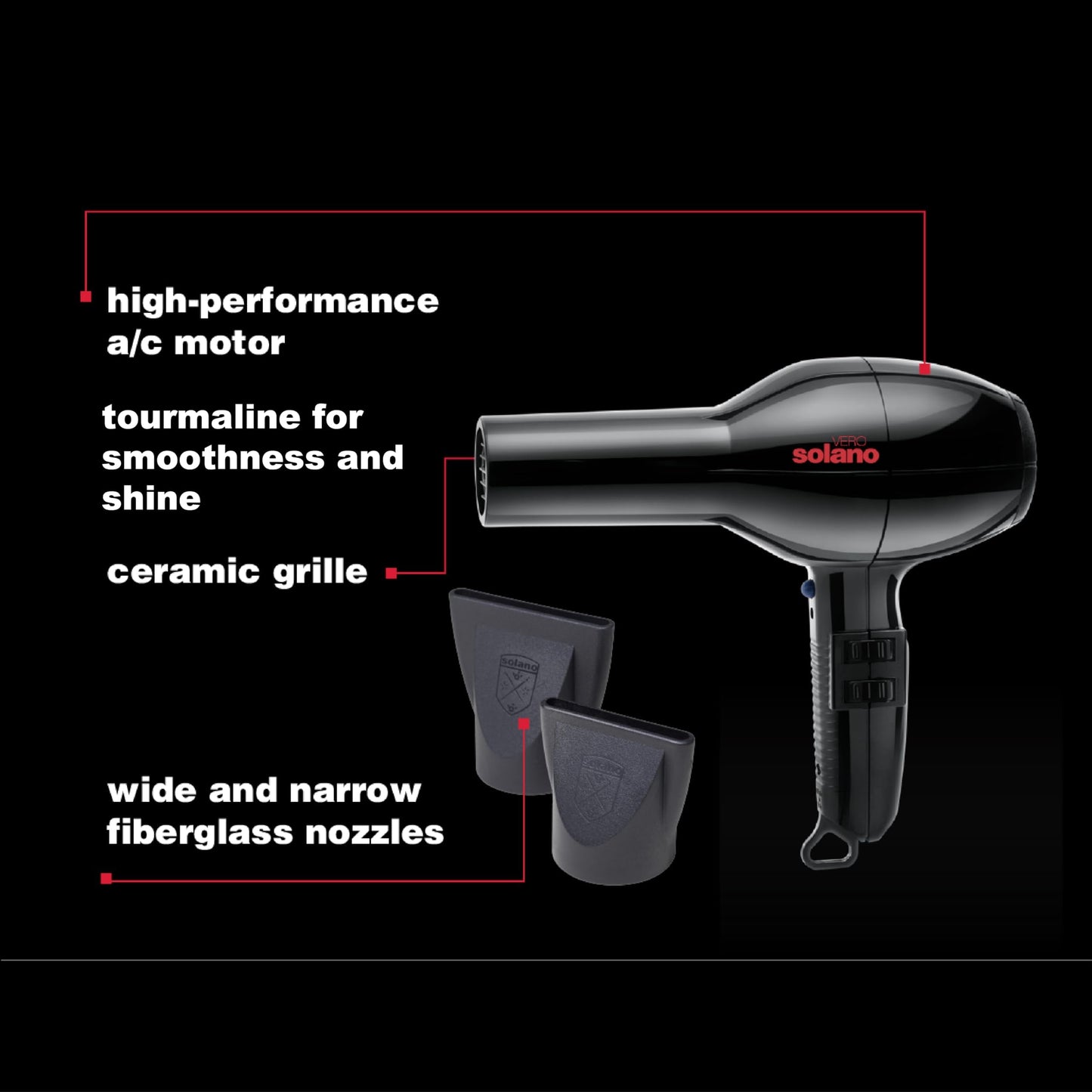 Solano Vero Ceramic Ionic Hair Dryer | Anti-Frizz + Smoothness + Shine | 1600W High Performance Ceramic Blow Dryer | Lightweight Speed Hair Dryer |