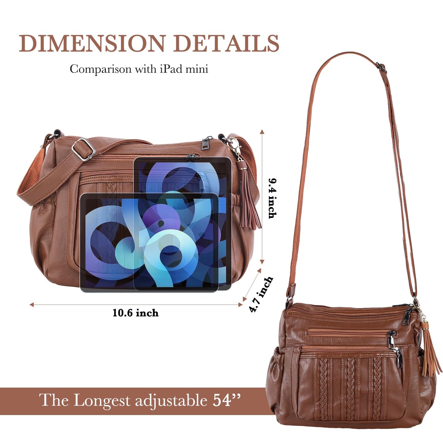 ELDA Purses for Women Pocketbooks Soft PU Leather Ladies Crossbody Purse Multi Pocket Shoulder Bag (Brown)