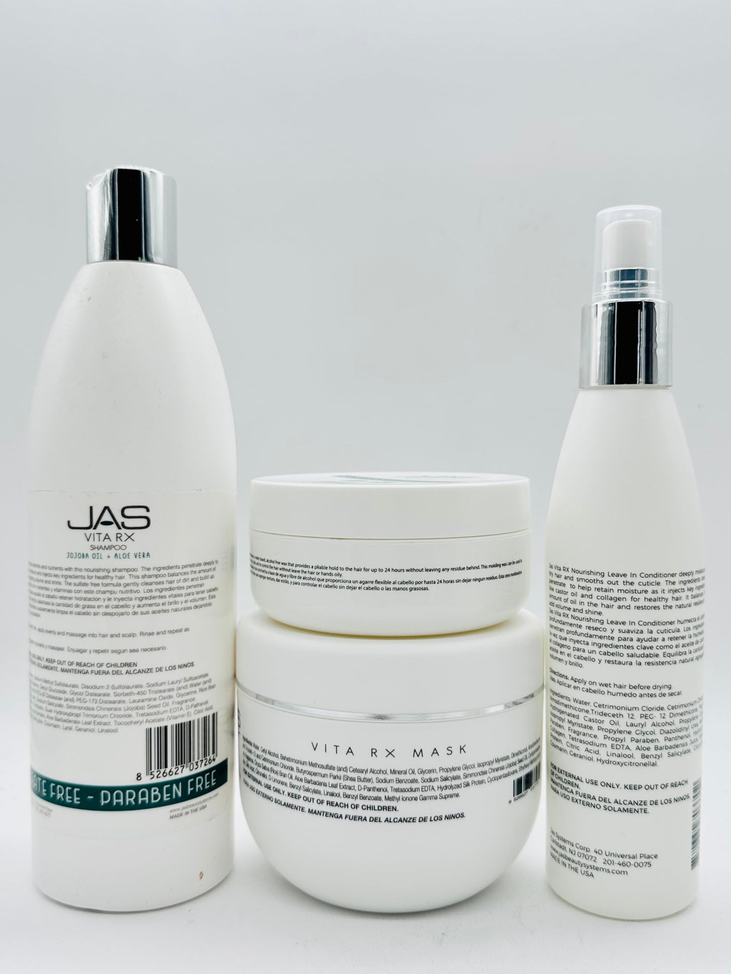 JAS Vita Rx Nourishing Shampoo 16 Oz, Conditioner 16 Oz & Hydrating Leave In with Jojoba Oil + Aloe Vera 8 Oz + Vita RX Wax 4 oz "Free Lip Plumping