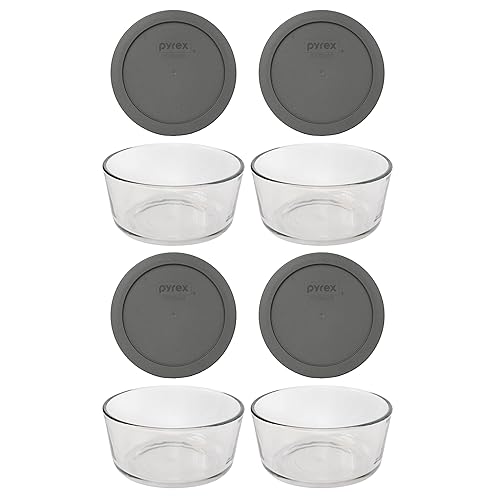 Pyrex 7201 4-Cup Glass Bowl & 7201-PC Puddle Gray Lid (4-Pack) - Made in USA