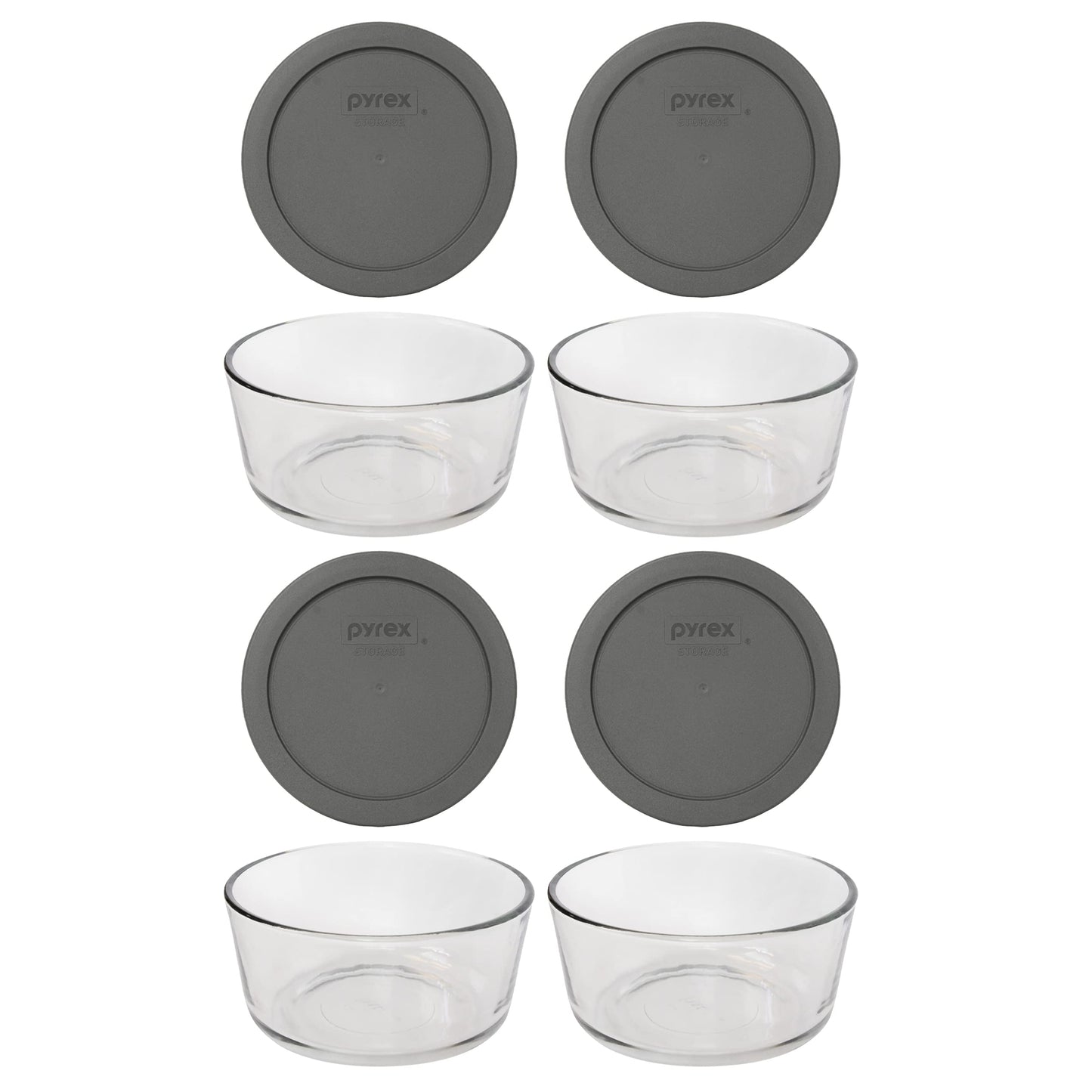Pyrex 7201 4-Cup Glass Bowl & 7201-PC Puddle Gray Lid (4-Pack) - Made in USA