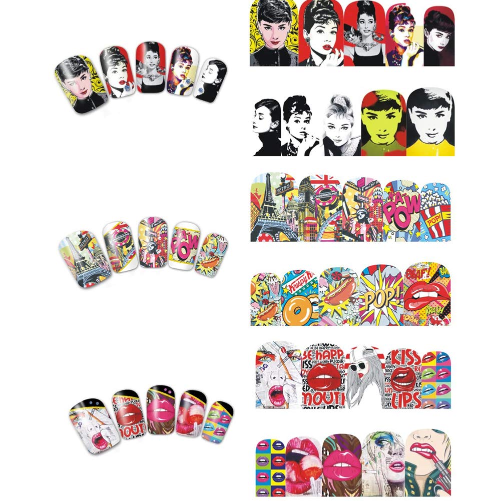Towenm 12 Sheets Nail Art Stickers Water Transfer Nail Decals for Nail Art, Trendy Marvel Nail Wraps, Sexy Lip Pop Star Nail Decals, Manicure Nail