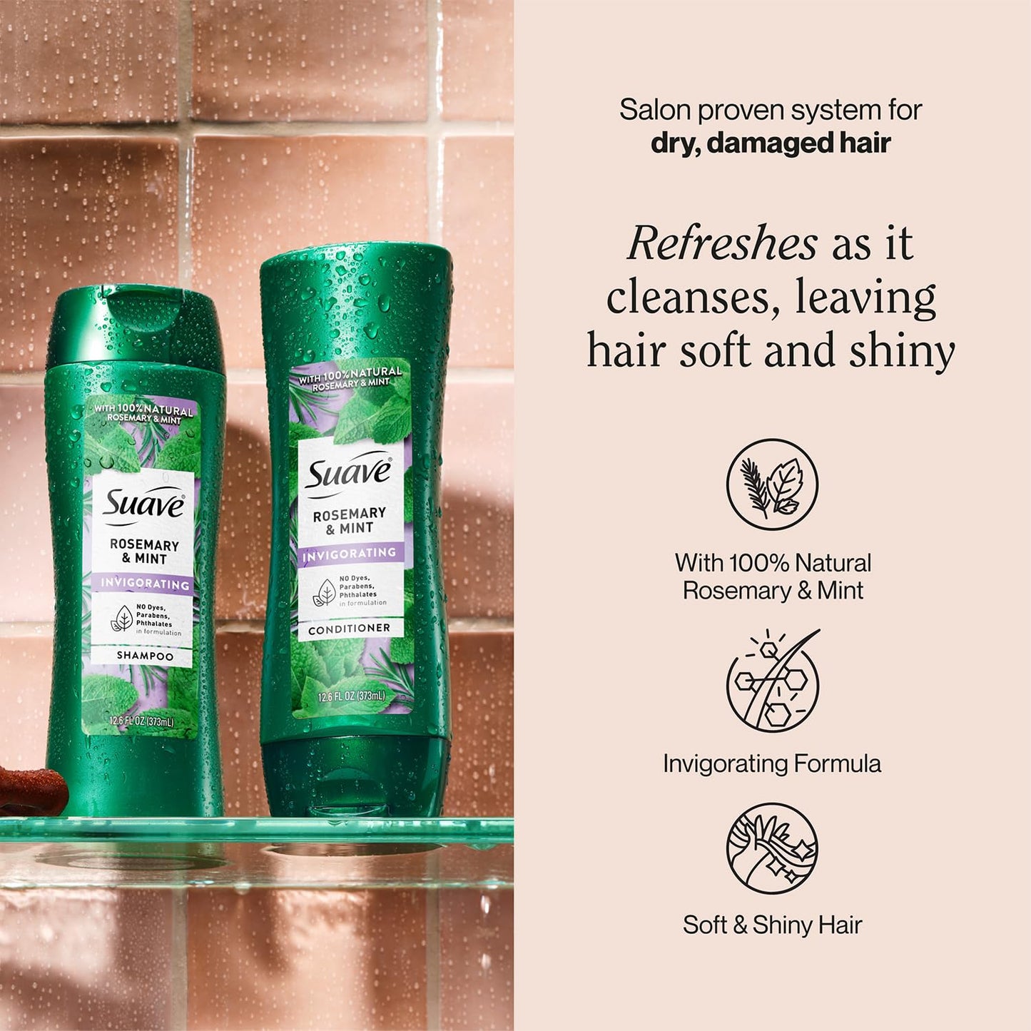 Suave Shampoo and Conditioner, Rosemary & Mint - Invigorating Formula with 100% Natural Essential Oils, 12.6 Oz Ea