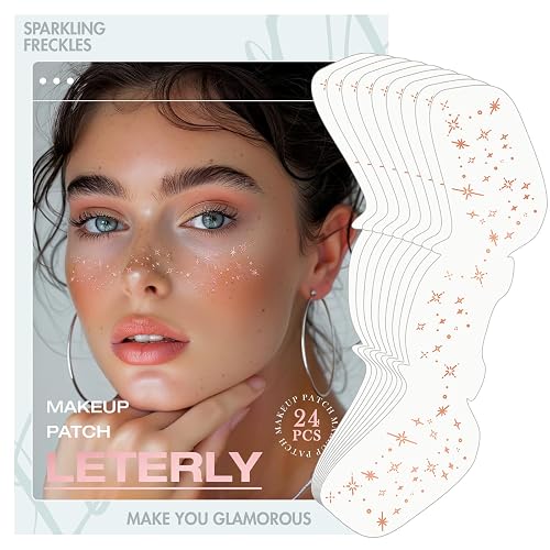 Leterly 24 Pcs Glitter Freckles Face Tattoo,Rose Gold Face Glitter Makeup Patches Cute Sparkle Freckles Patches Waterproof Makeup Speckles for Face