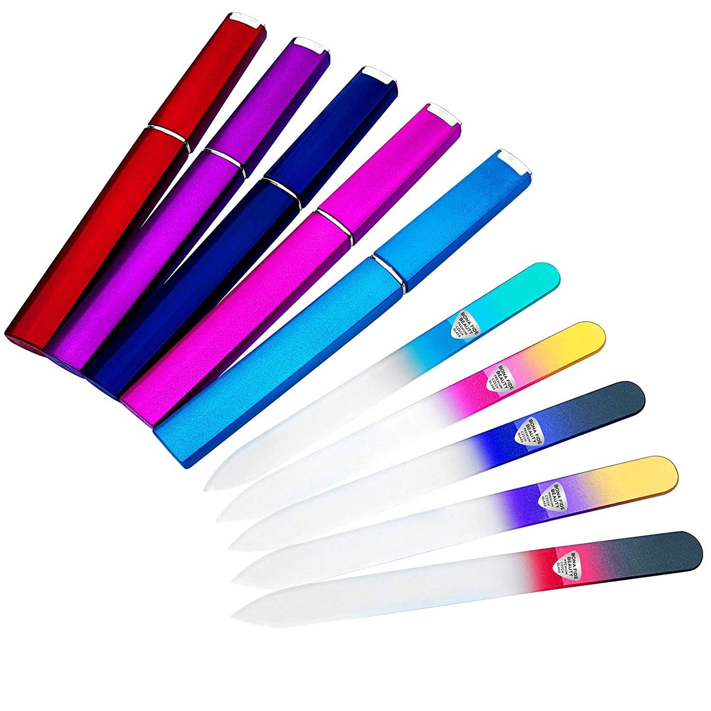 Bona Fide Beauty Czech Glass Nail File for Natural Nails Set, 5-Pack Etched Files with Hardcases (180/240 grit). Genuine Bohemian Glass from The EU.
